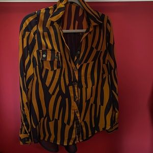 Mine. Blouse. Brownand navy blue button up.